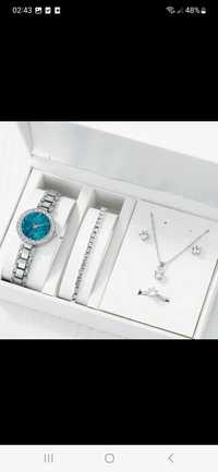 Nowy komplet damski biżuteria damska zestaw zegarek srebrny cyrkonie