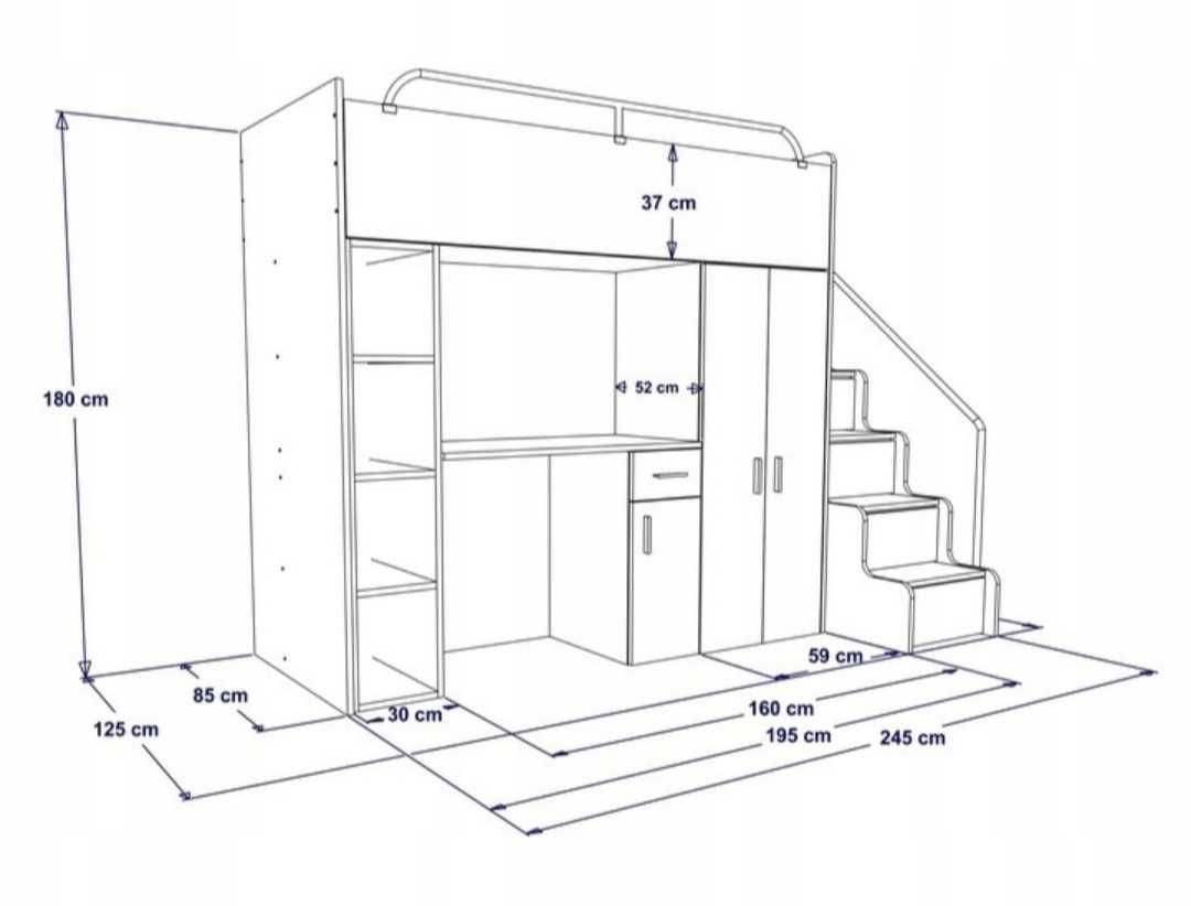 Łóżko piętrowe dla dziecka z szafą, biurkiem oraz materacem