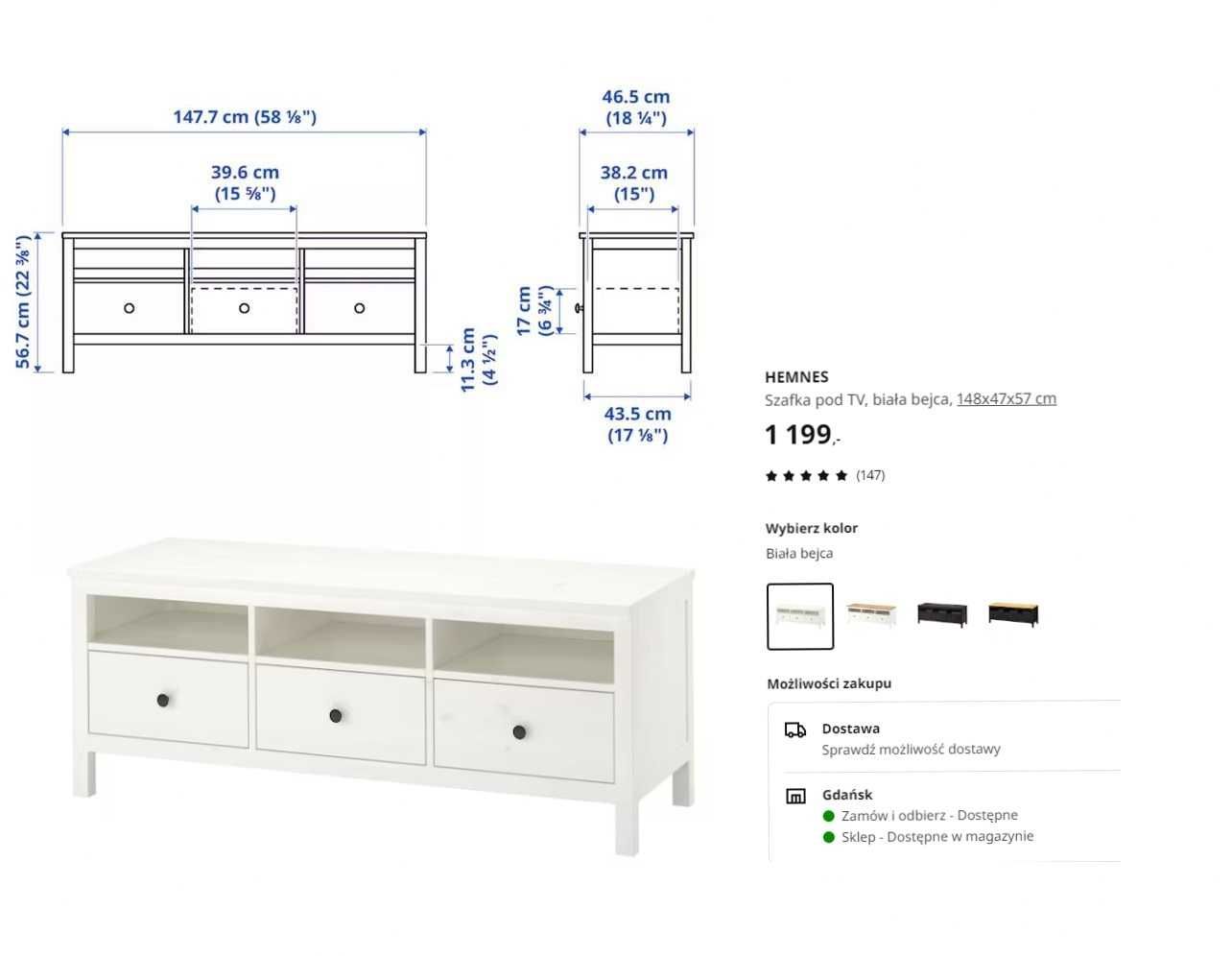 IKEA HEMNES szafka pod TV białe drewno 148x47x57 cm (nowa w Ikea 1199)