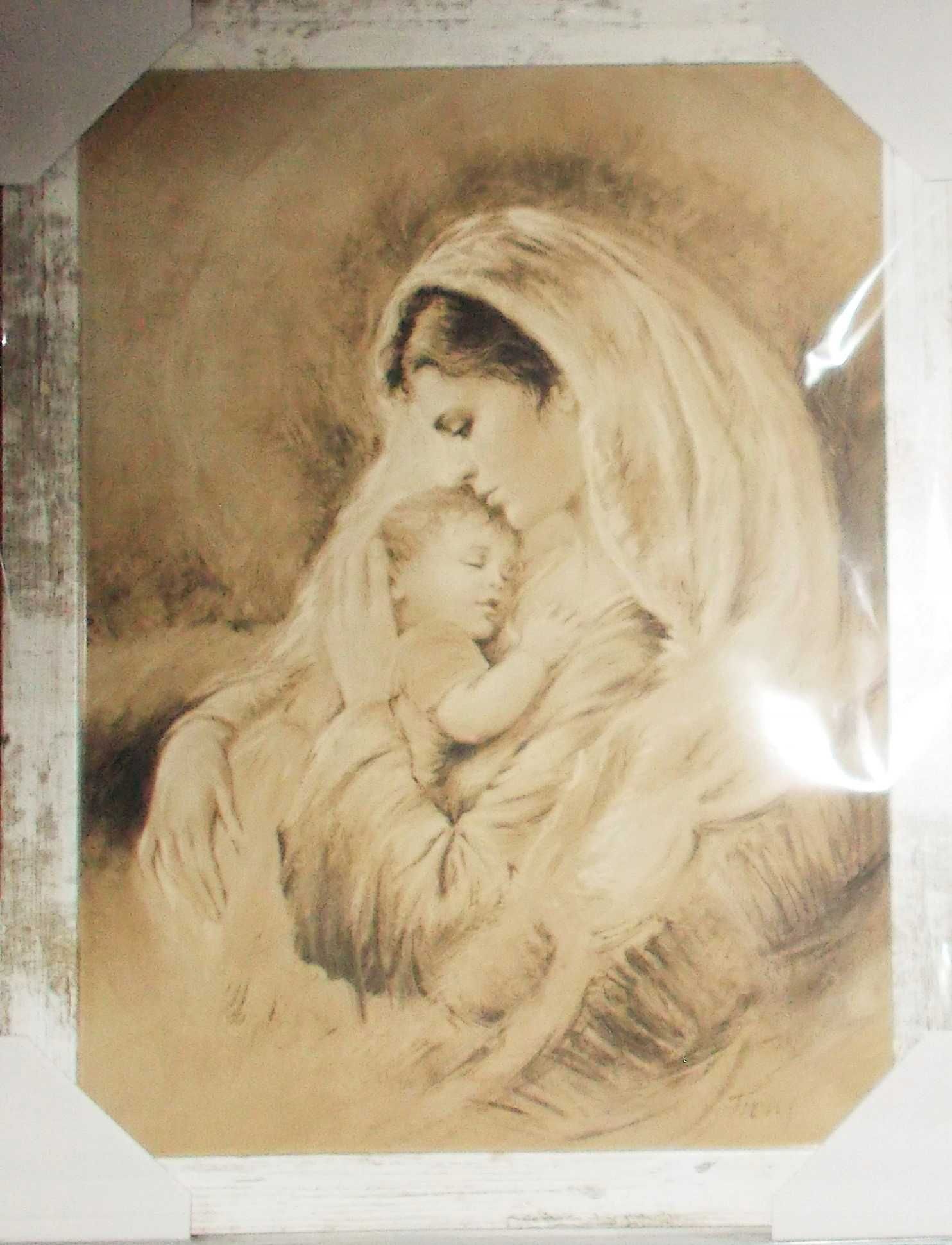 Matka Boska z Dzieciątkiem Obraz sepia rama sosna bielona