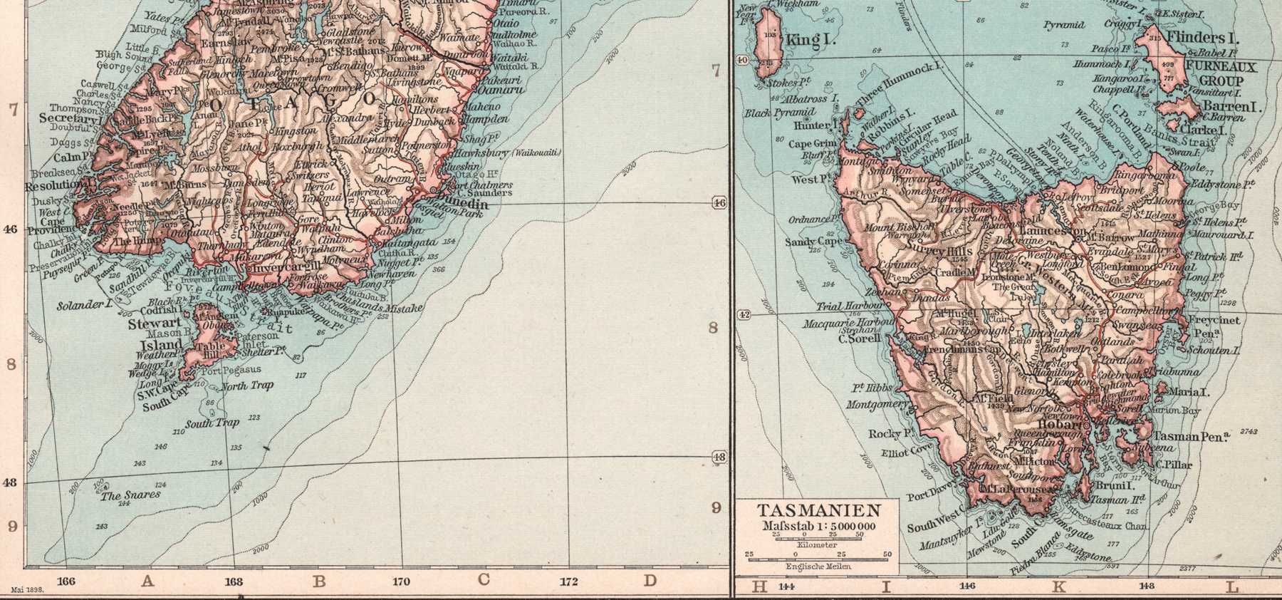 Nowa Zelandia Tasmania stara mapa 1905 r. autentyk