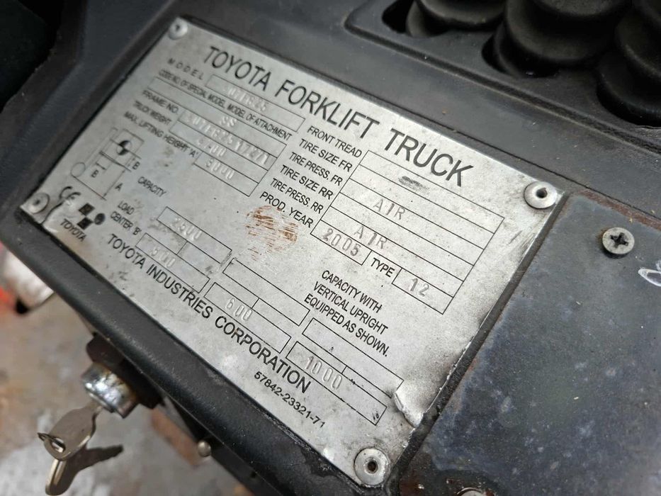 Toyota 7FG25 
Rok produkcji 2005
Udźwig 2500 kg
Posiada dokumentację u