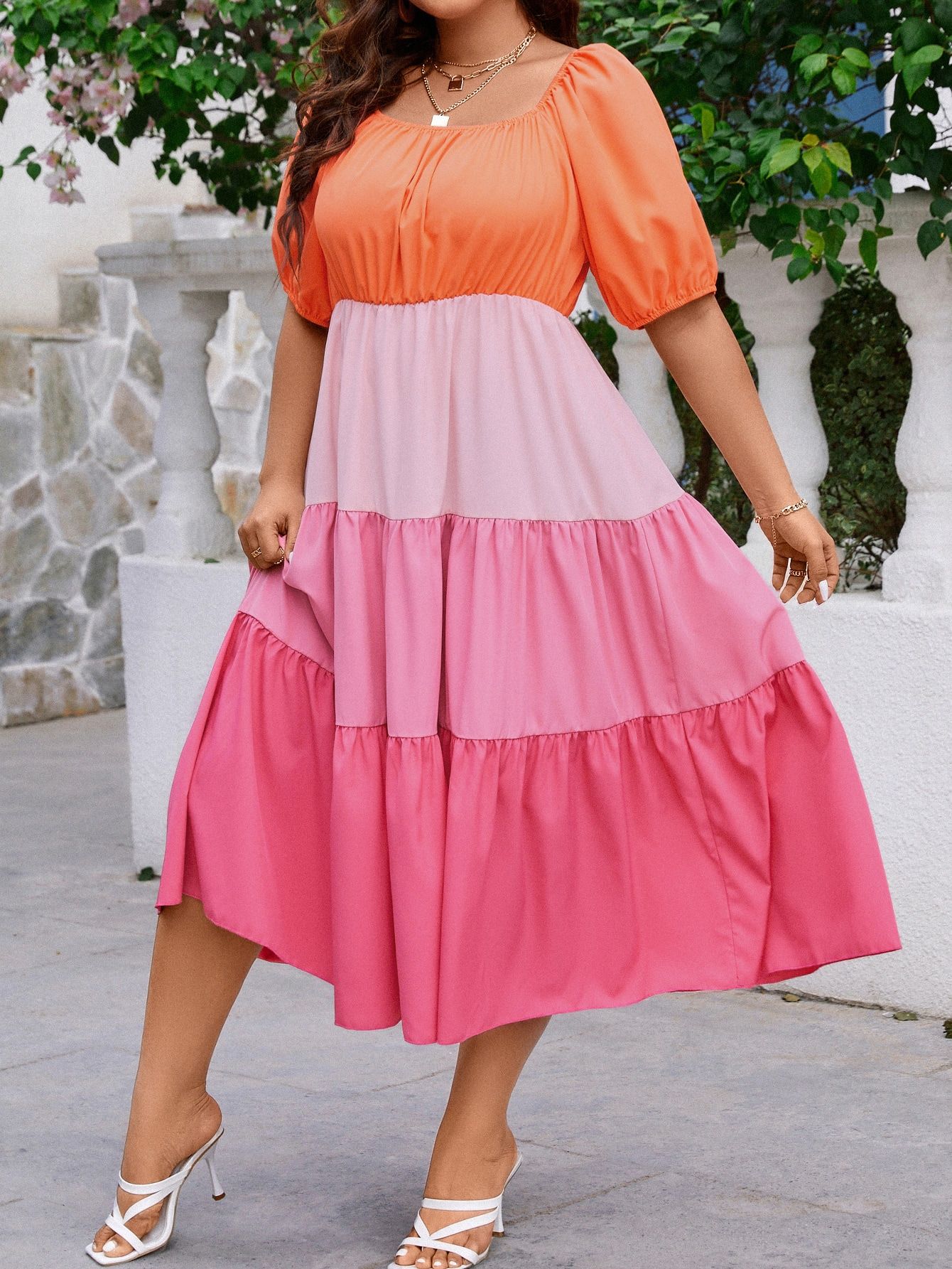 Sukienka Midi Letnia Wakacyjna Z Bufiastymi Rękawami Casual Shein 4Xl