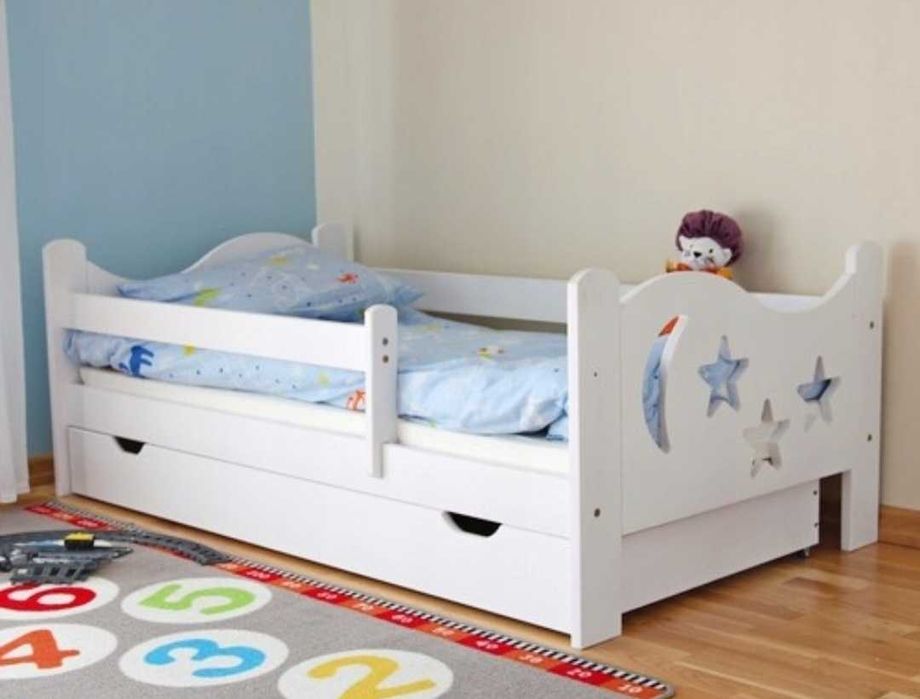 Łóżko łóżeczko drewniane białe sosnowe 160x80 materac barierka