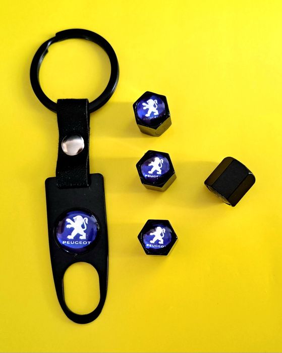 ** NOWY Breloczek PEUGEOT + Nakrętki na wentyle czarne komplet tuning