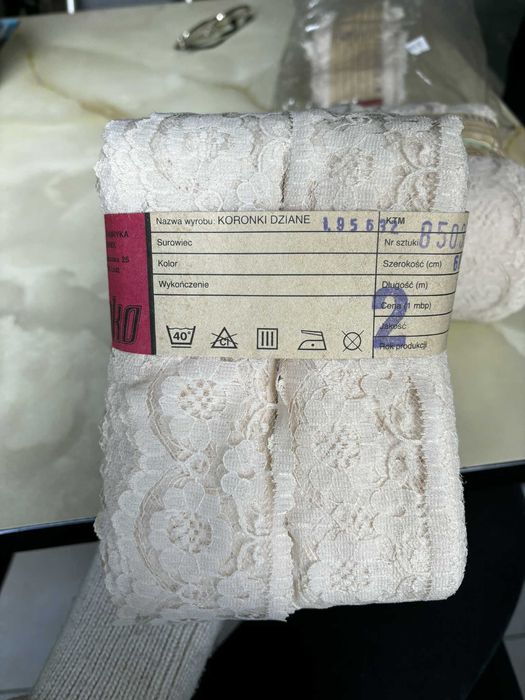 Koronka dziana kremowa/beżowa - szeroka ozdobna tkanina 7zł/mb