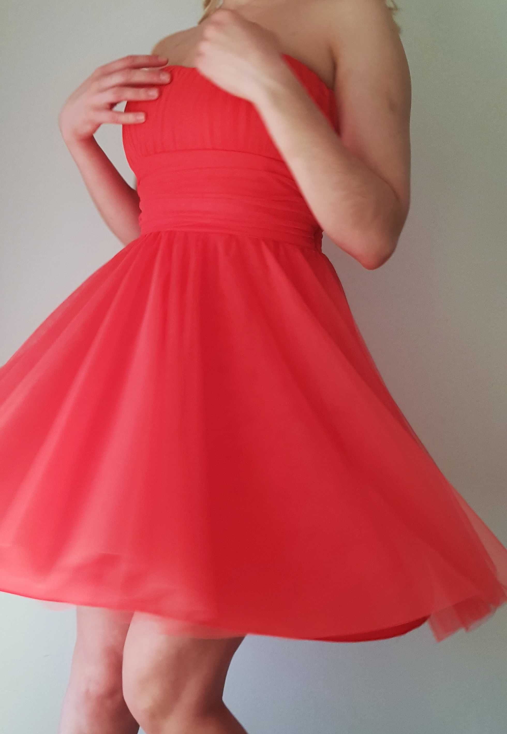 H&M koralowa tiulowa sukienka mini rozkloszowana rozmiar S