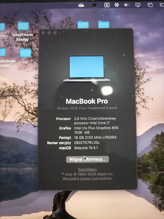 2019 rok Laptop MacBook Pro 13 intel Core i7.  Nowy Touchbar. A1989