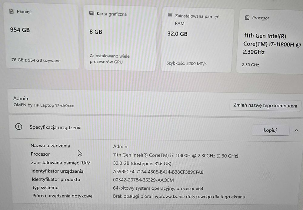 Laptop do gier HP OMEN 17-ck0213nw  i7  32GB SSD 1TB  RTX3070 Win 11