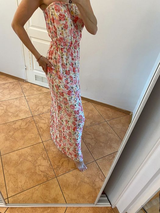 Zara maxi długa przewiewna w kwiaty bez ramiaczek kwiecista s i m