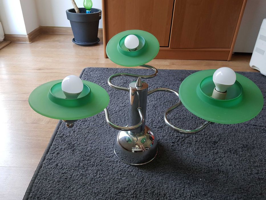 Żyrandol pokojowy, sufitowy/lampa wisząca, 3 klosze, srebrno zielony