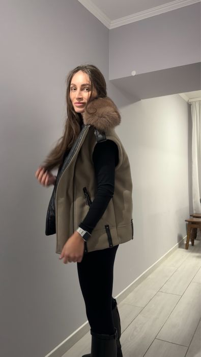 Зимова куртка трансформер косуха авіатор кашемір шкіра з хутром песця