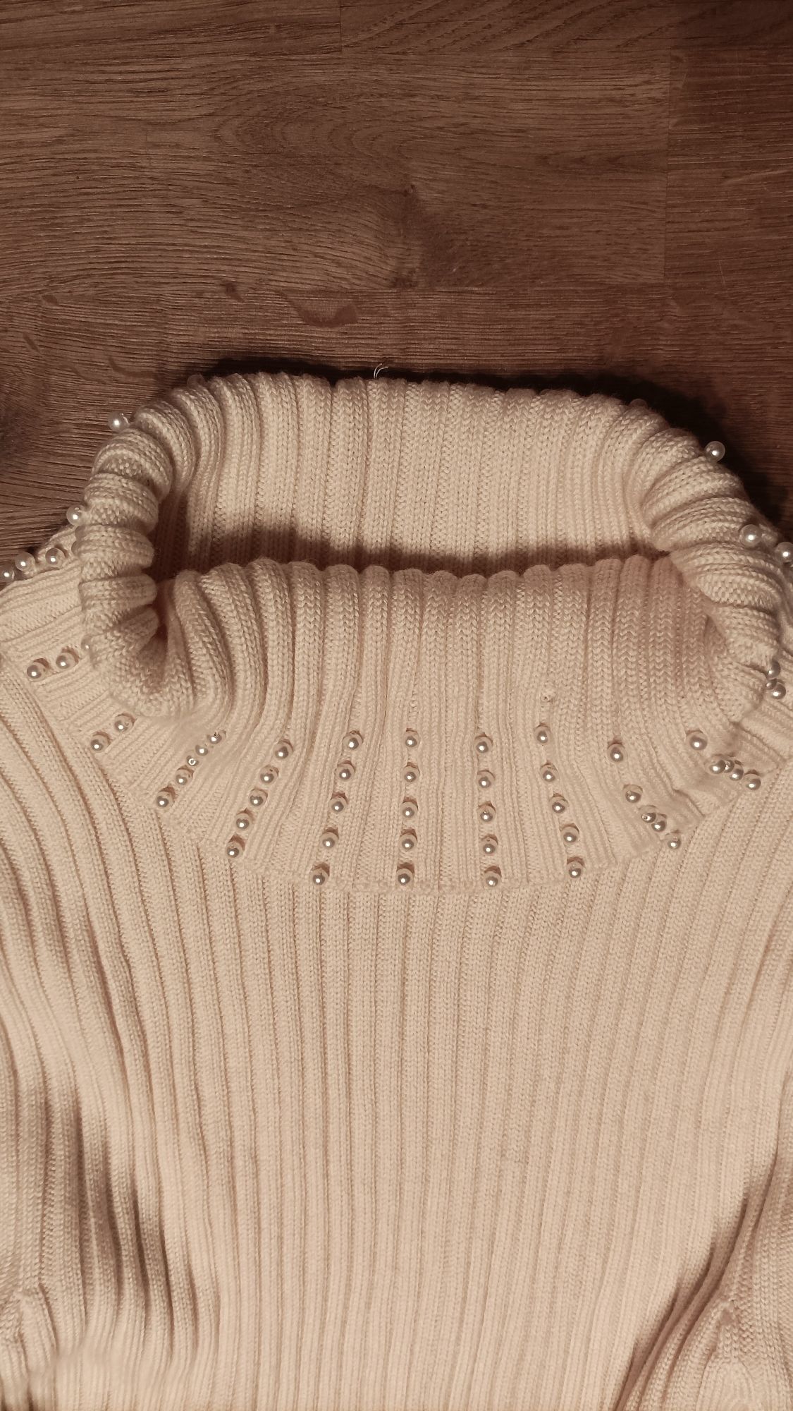 Cudny, waniliowy sweter, sweterek,wełna, prążki,koraliki, 38,40, 42,44