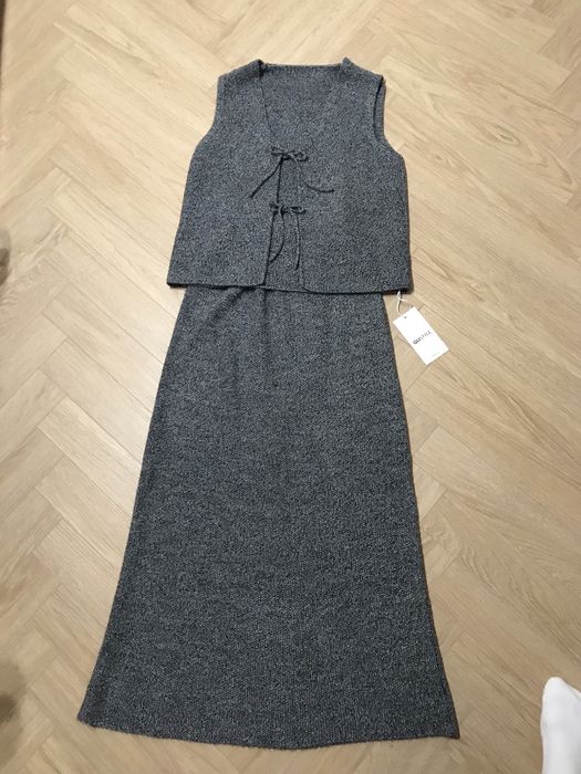 Костюм вязаний теплий безрукавка жилетка топ спідниця юбка меланжова