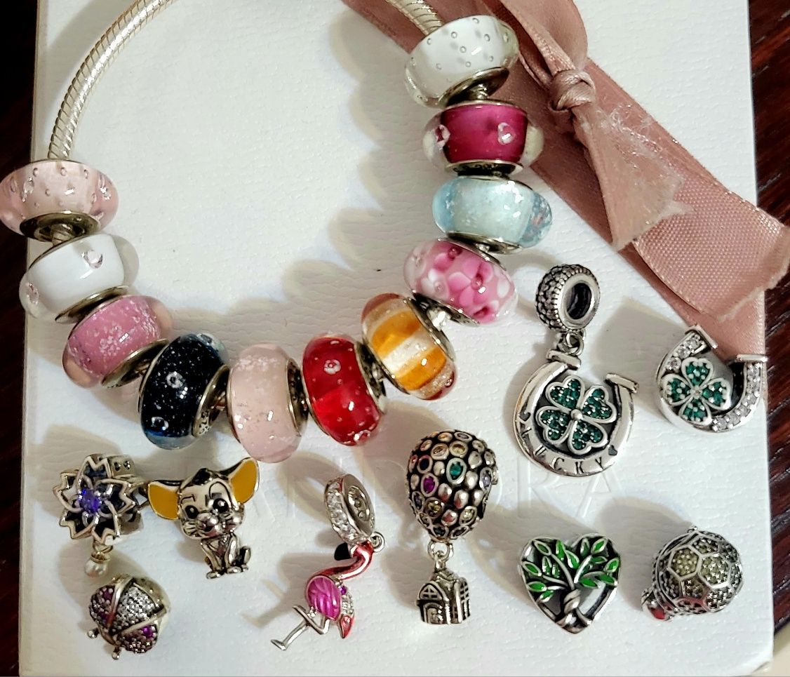 Wiosna Charms do bransoletki Pandora, bratek, liść, kwiatki, murano