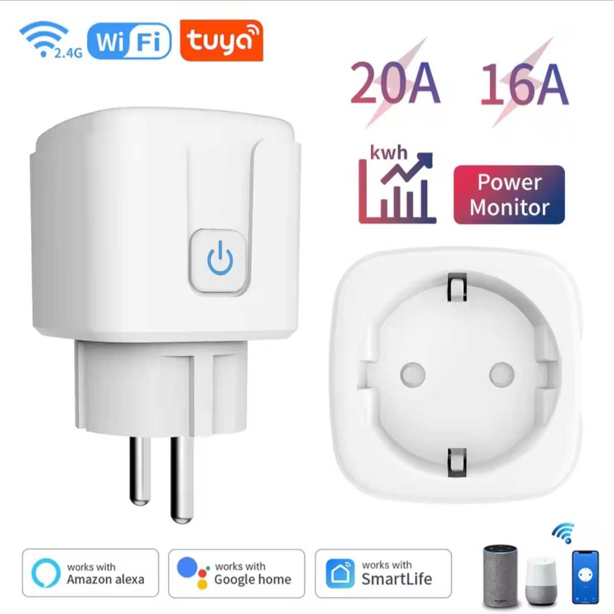 НОВАЯ Умная Wi-Fi Розетка Tuya Smart Life с мониторингом мощности 20А