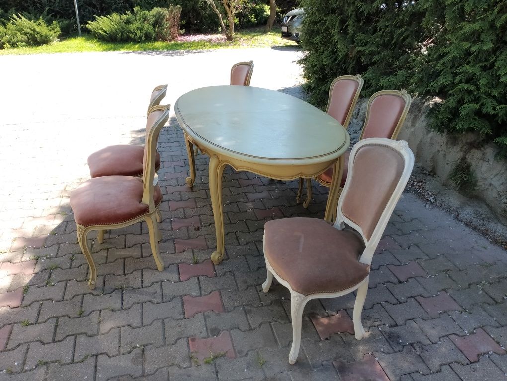 Piękny stylowy stół rozkładany +6 krzeseł ecru  ludwik dębowy