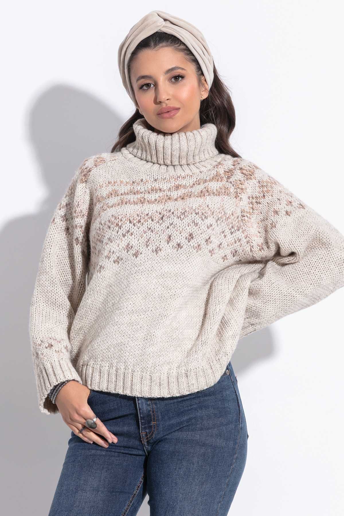 Ciepły sweter z norweskim wzorem beż 36/38 F1354