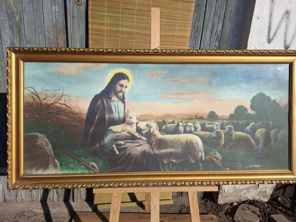 Chrystus dobry pasterz oleodruk prl duży