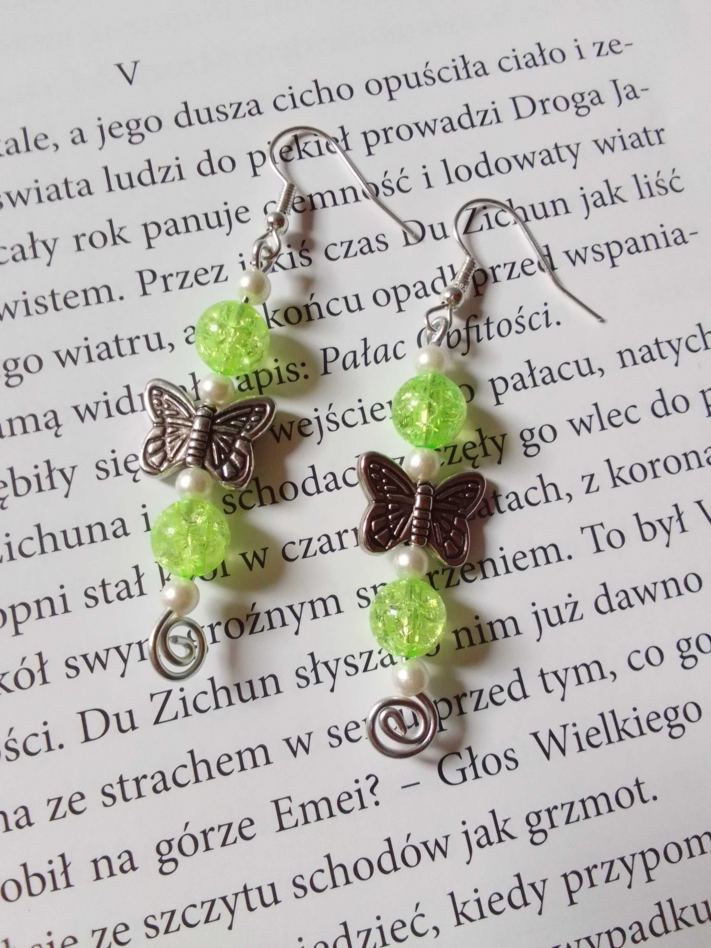 Kolczyki zielone Motylki motyle fairycore zawijane srebrne Handmade