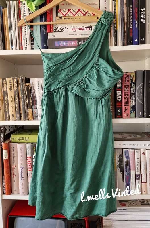 Zielona sukienka na jedno ramię - jedwab i bawełna