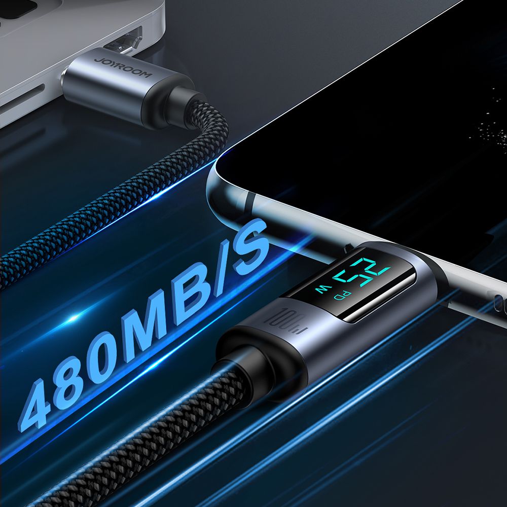 kabel przewód usb-c z wyświetlaczem led 100w 1.2m czarny