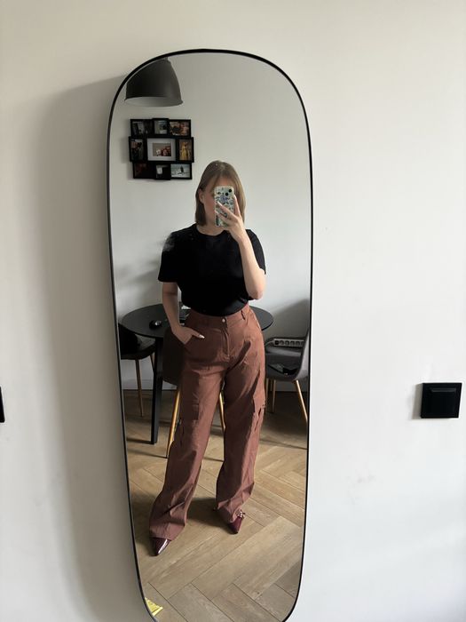 Dlugie spodnie cargo brązowe brown PrettyLittleThing wysoko stan L