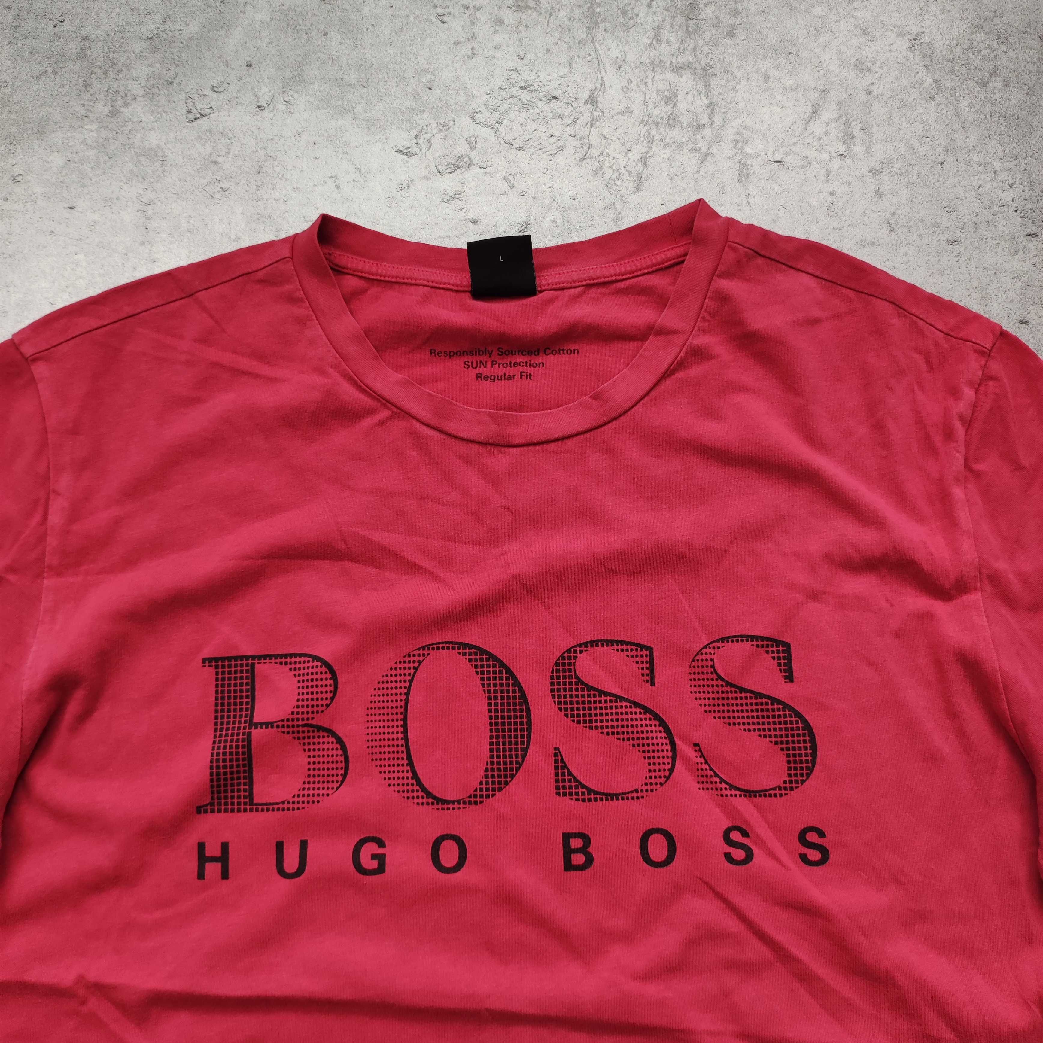 MĘSKA PREMIUM Koszulka Bawełna Duże Logo Hugo Boss Nadruk Różowa