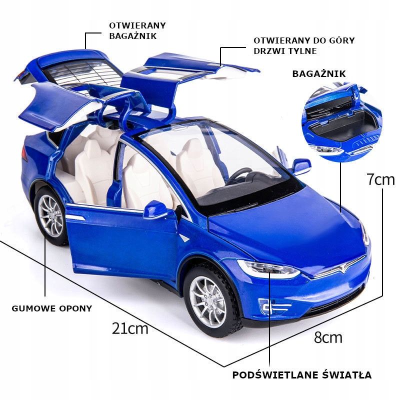 Model Samochód Tesla X Metalowy Led Zabawka 1:22 Światła Dźwięki