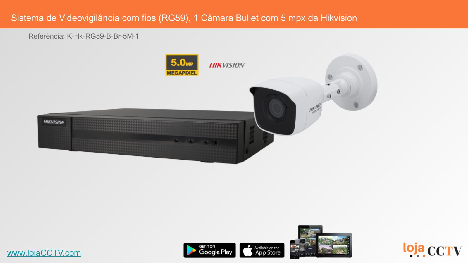 Videovigilância com fios (RG59) 1 Câmara Tubular 5 mpx, Hikvision