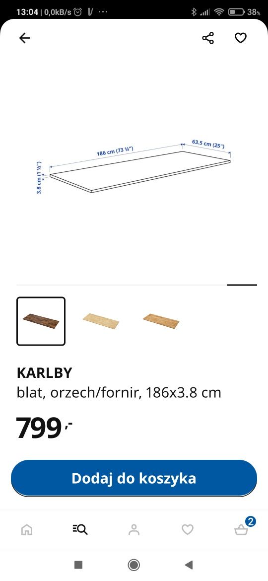Nowy blat kuchenny IKEA 186/63,5/3,8, odcięty tylko parapet