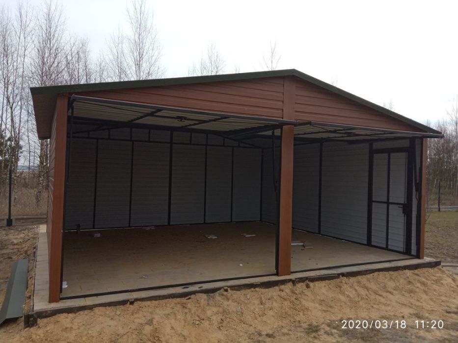 Garaż blaszany 6x5 w kolorze drewnopodobnym , dach dwuspadowy o cynk