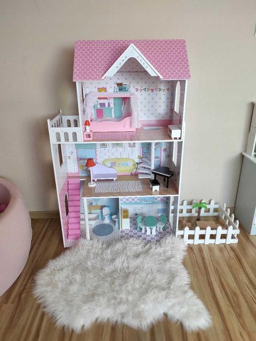 Drewniany Domek dla Lalek XXL 123 cm LED Taras + Akcesoria