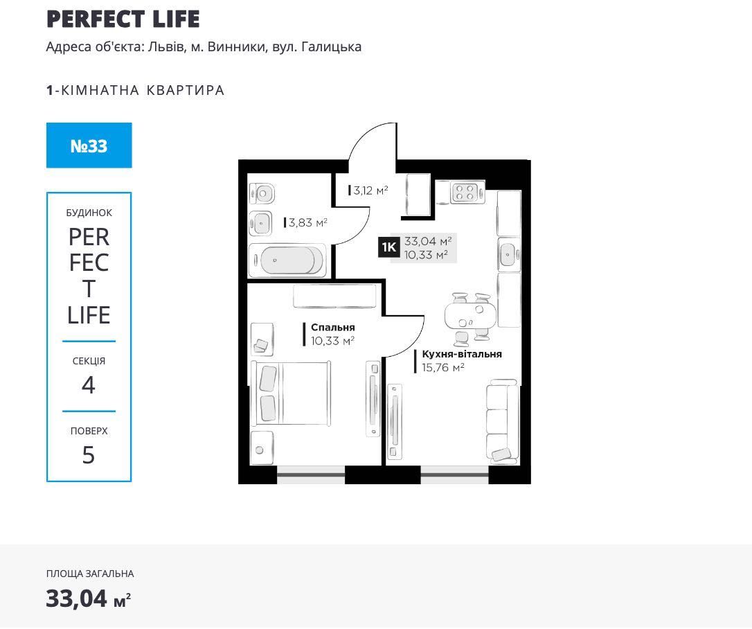 Продаж 1 кімнатної квартири 33.04 кв.м ЖК PERFECT LIFE , 4 секція