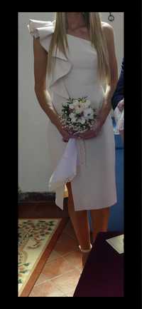 Sukienka MIDI beżowa  z falbanką ołówkowa 36 na wesele ślub cywilny