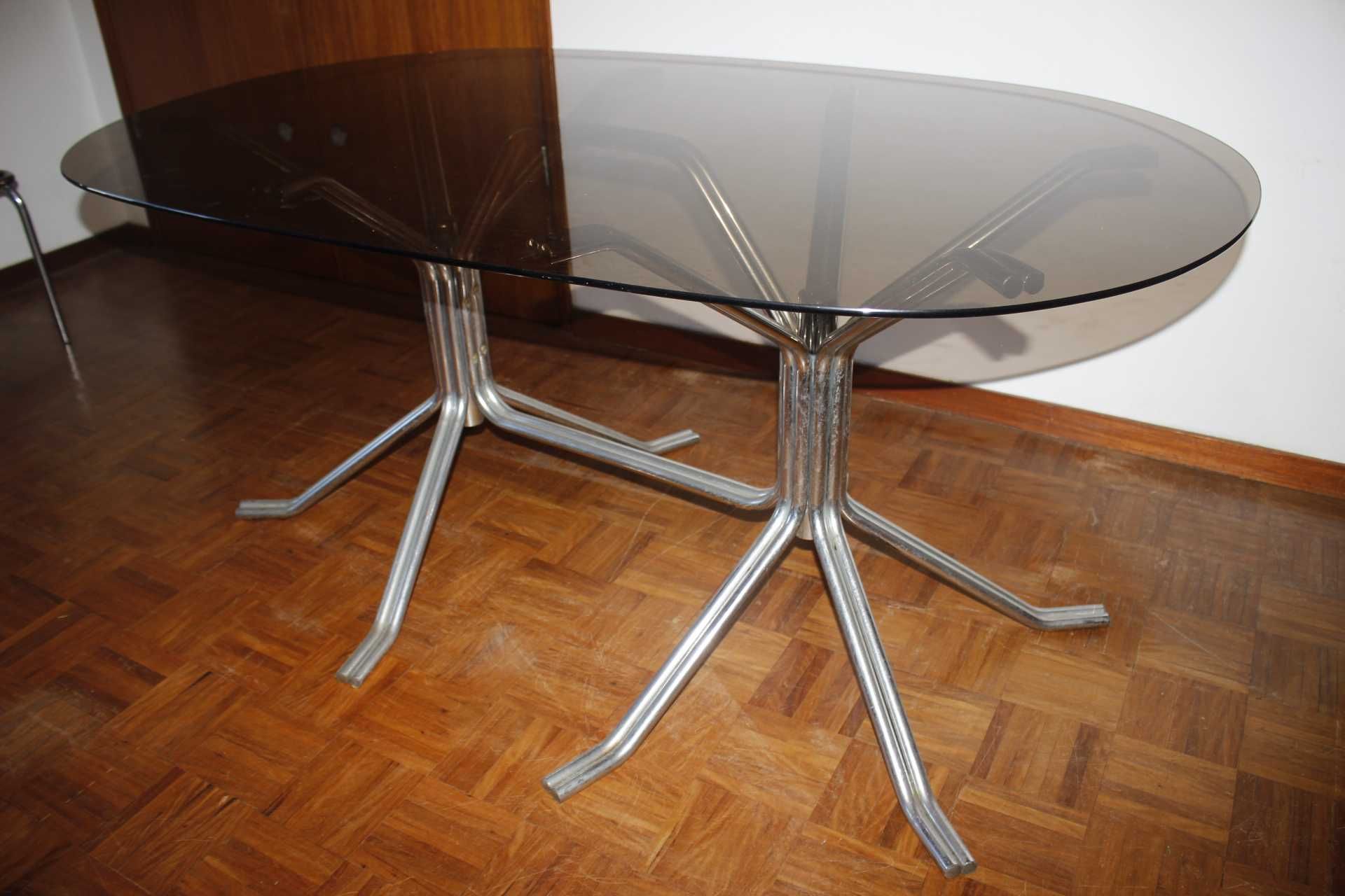 Mesa de jantar - Tubular - Design Vintage - Metal e vidro - Anos 70