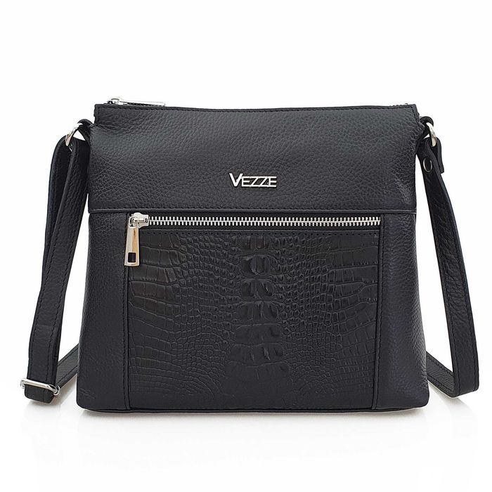 VEZZE torebka damska skórzana listonoszka z paskiem V022 czarna