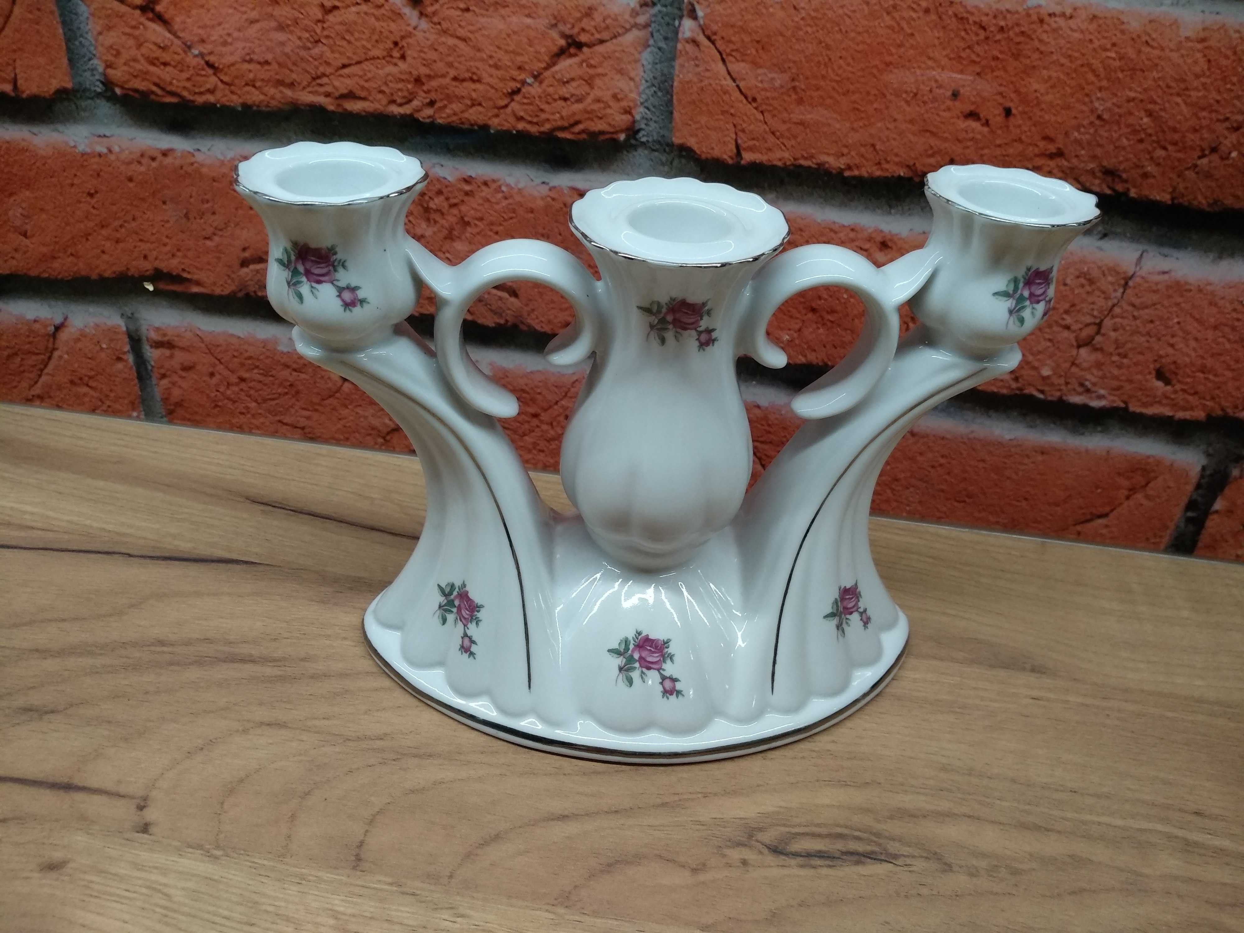 Chodzież duży świecznik porcelana w kwiaty starocie PRl stary