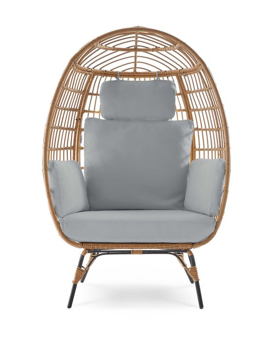 Fotel kosz ogrodowy kokon z technorattanu z szarymi poduszkami jajko