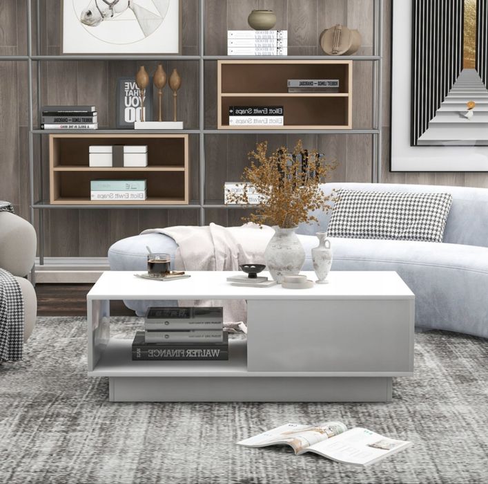 Stolik kawowy prostokątny 95x55x32 biały oświetlenie LED szuflada