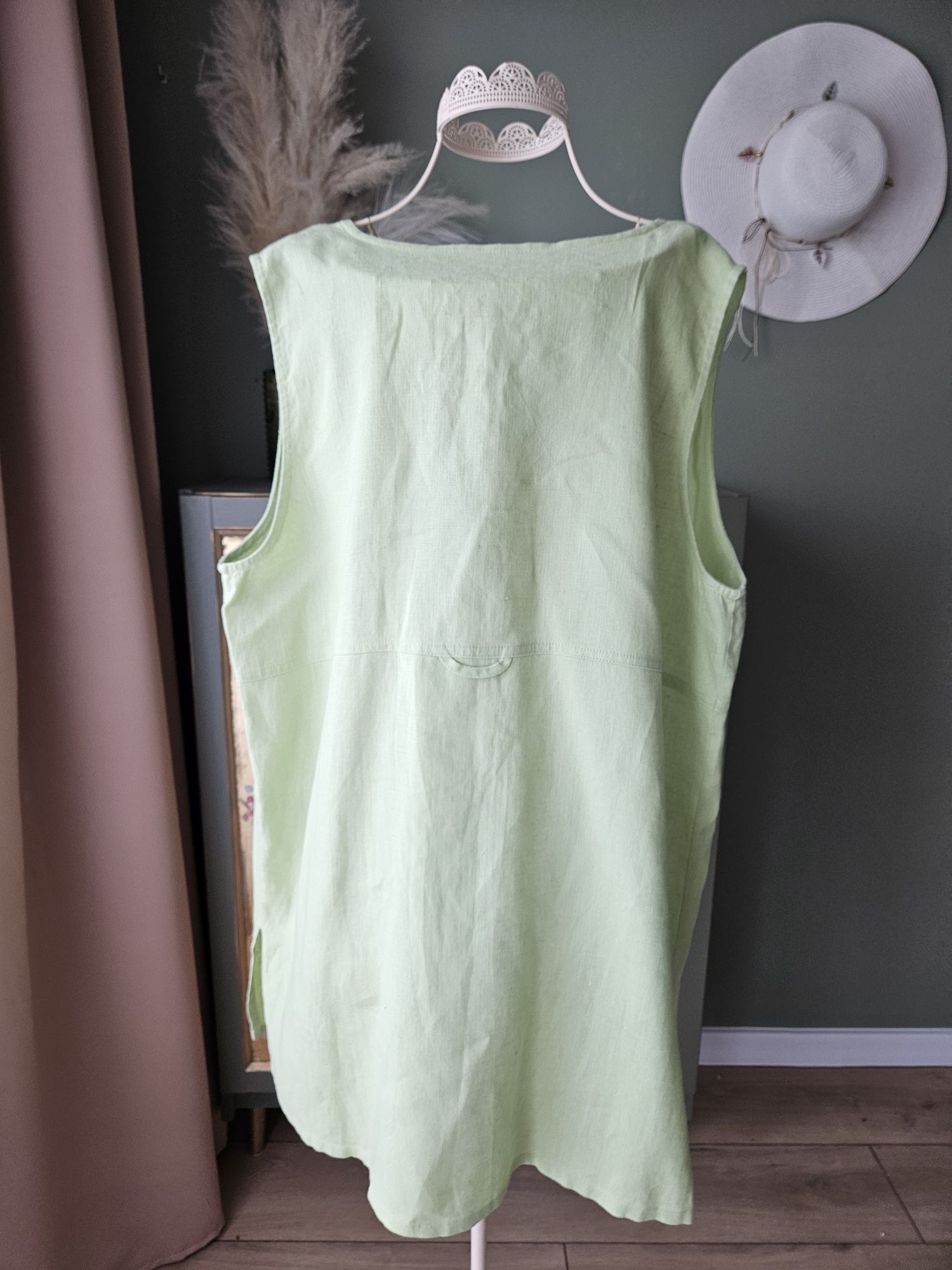 Pistacjowa lniana kamizelka damska / tunika XXL 100% Len plus size let