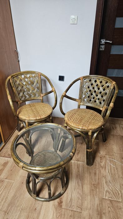 Krzesła fotele rattanowe oliwka naturalne 2 w zestawie