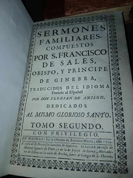Livro  Religioso Sermones  Familiares Ano 1714