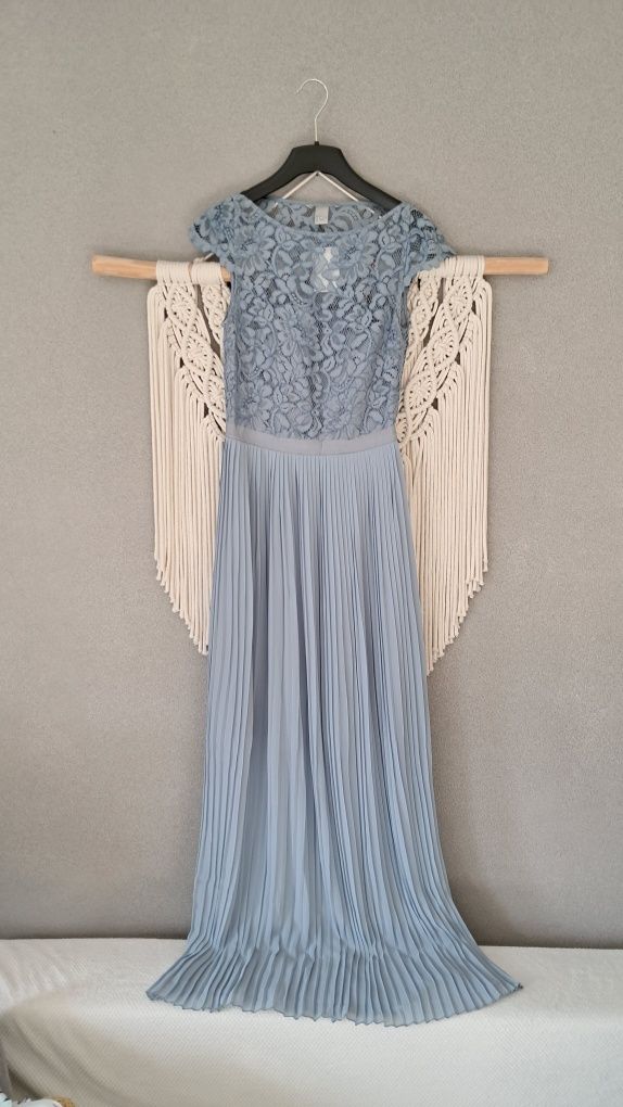 H&M długa jasnoniebieska sukienka z koronką S/36 plisowany dół