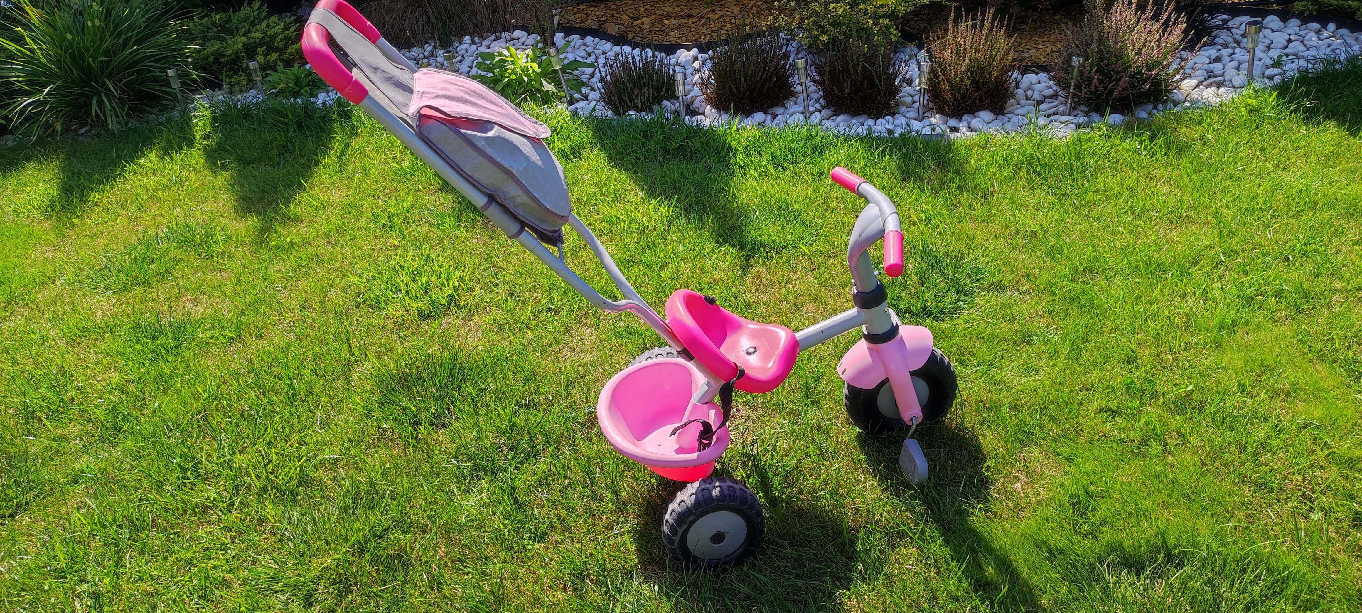 Rowerek dziecięcy trójkołowy SMOBY różowy obręcz pasy torba drążek