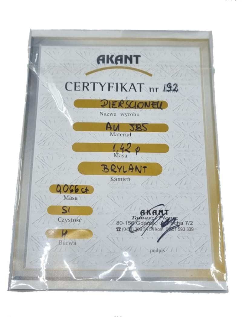 Złoty pierścionek 585p, 1,42g, r. 12 z brylantem 0,066 ct