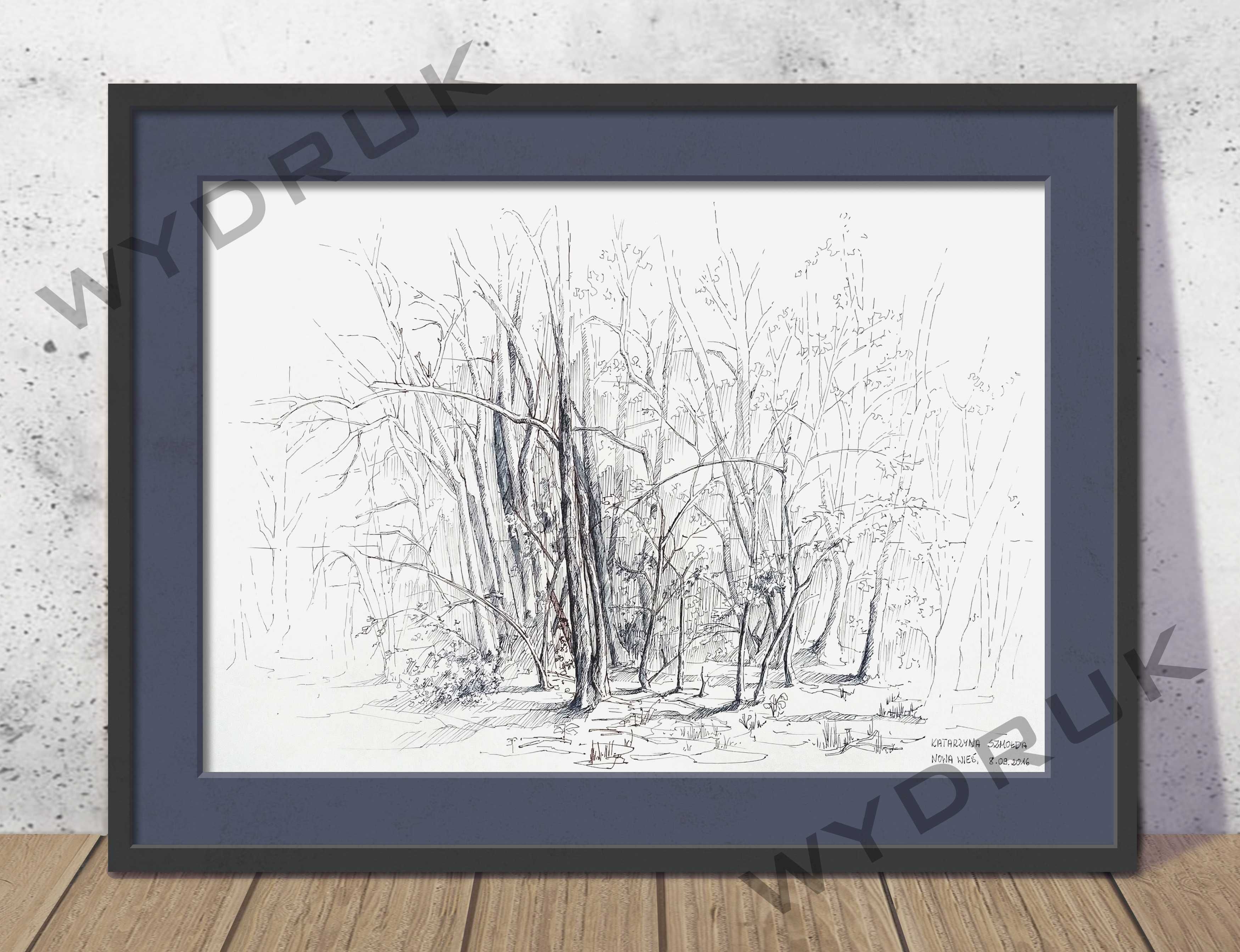 Obraz Rysunek wydruk 35 x 50 - Pióro, cienkopis - las, drzewa