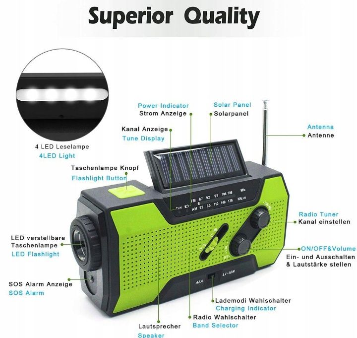 Radio solarne powerbank latarka FM KORBKA SOS IPX3.