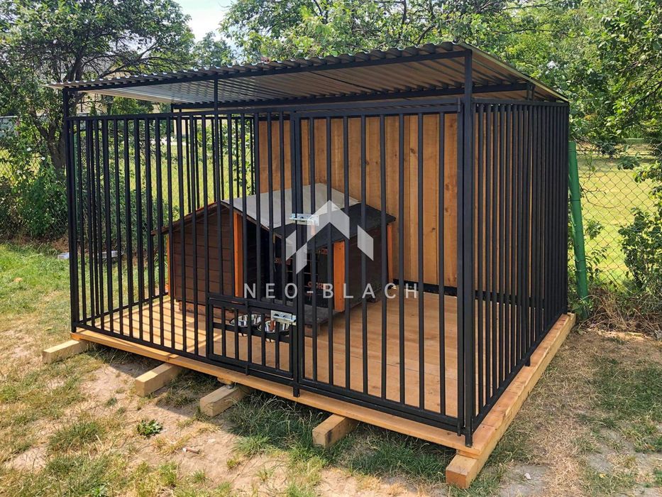 Kojec dla psów 3x2m - drewniana podłoga - Uchwyt na miski NB182