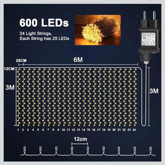 Joysing Bożonarodzeniowa Kurtyna świetlna 6 m x 3 m 600 LED